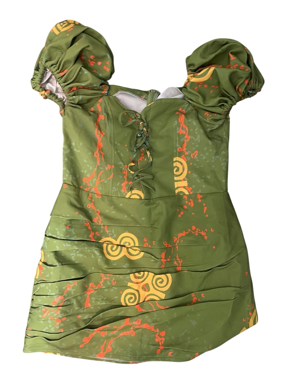 Green print milkmaid style mini dress